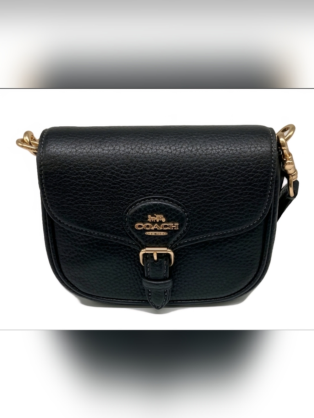 Coach Black Pebbled Leather Crossbody with Gold Hardware and Buckle Accent